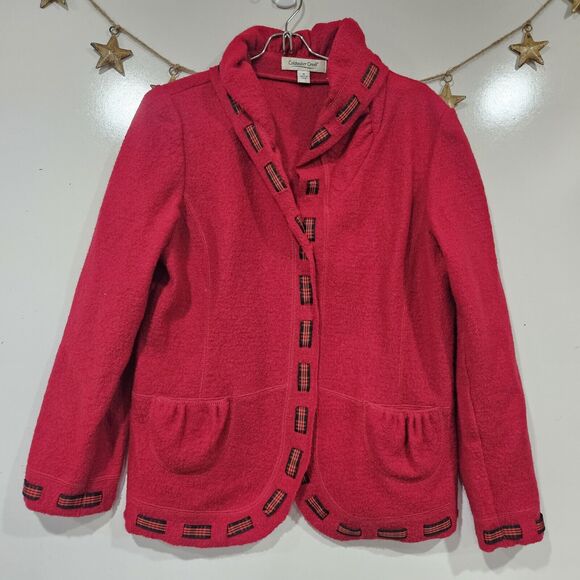 Coldwater Creek Wool Christmas Cardigan Sweater Plaid Ribbon Trim Size Medium - Picture 1 of 8